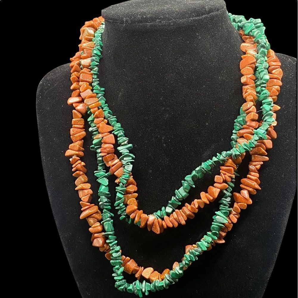 One malachite one gold sandstone beaded chip rough cut necklaces versatile